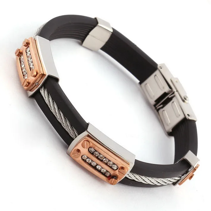 2014 Fashion Designer Mens Black Silicone Bracelets Rose Gold Plated
