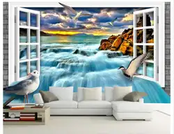 Пользовательские фото обои 3d настенные фрески обои окне Белый рок пляжные 3 d водопад фон Настенные обои room decor