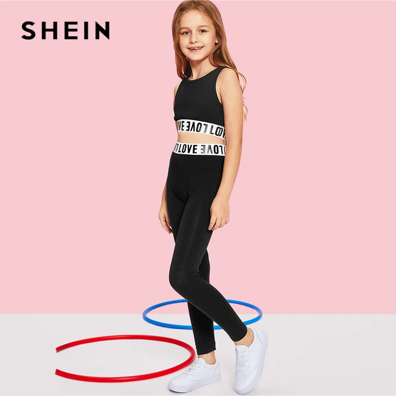 SHEIN/черный укороченный топ с буквенным принтом и штаны; Одежда для девочек; комплект из двух предметов; коллекция года; одежда для активного отдыха; модная детская одежда без рукавов