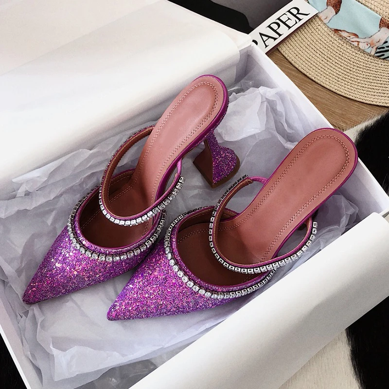 

Pointed Toe Pump Shoes Bling High Heels Tide Crystal Sandals Party Wedding Chaussures Femme Sweet Slingback Slippers New Slides