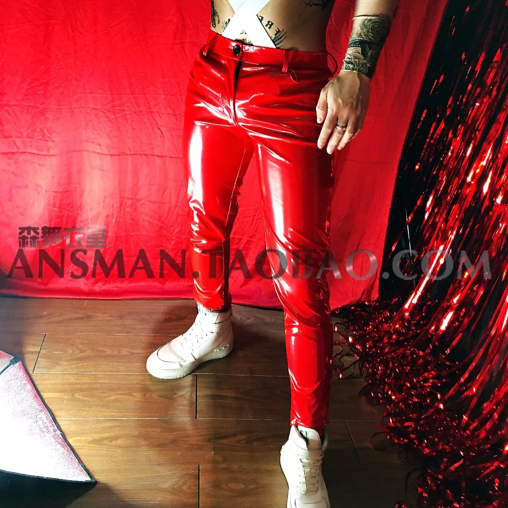 

2018 nightclub male singer DJ DS personalized leather pants red elastic patent Slim leather pants singer costumes