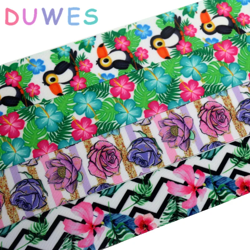 

DUWES 1,5 дюйма, 50 ярдов, тропические цветы, птица, печатная крупная зернистая ткань, головной убор, украшение оптом OEM 38 мм D917