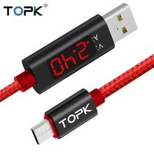 Micro USB кабель TOPK AC27 1 м с дисплеем напряжения и тока, нейлоновая оплетка, Прочный usb кабель для зарядки и синхронизации данных