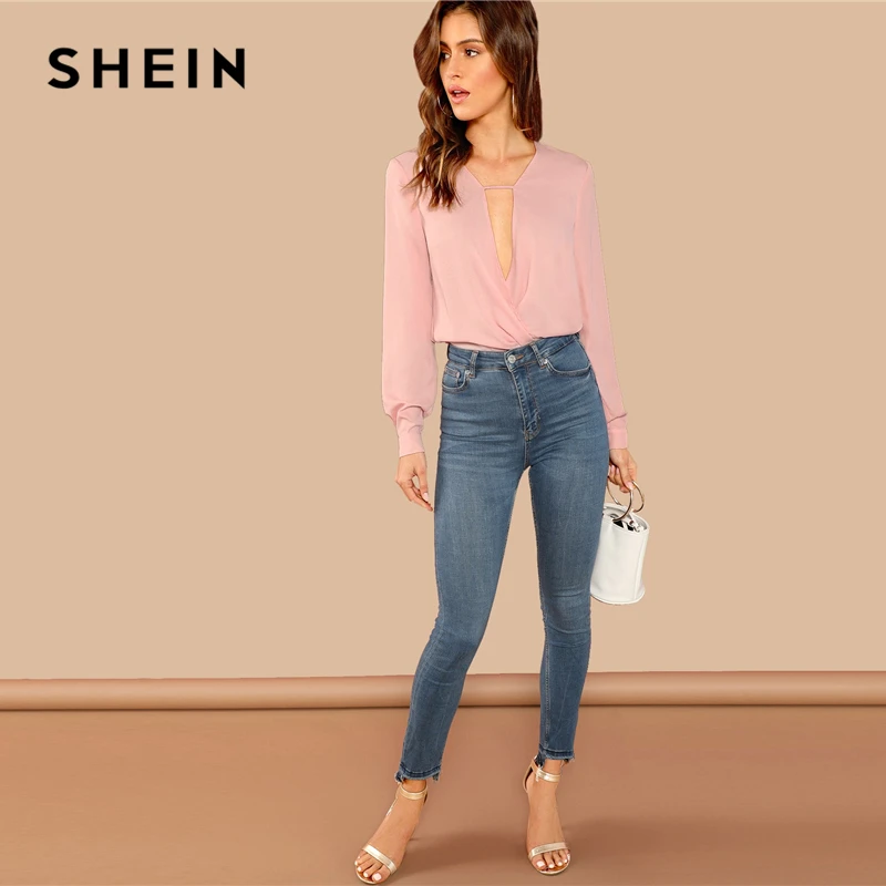 SHEIN Однотонная Блуза С Глубоким Вырезом, Демисезонная Блуза С Длинным Рукавом, Элегантная Блуза Оригинального Кроя