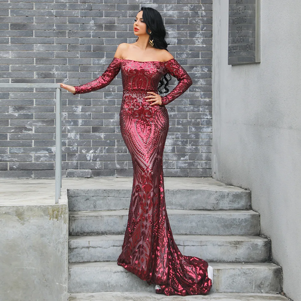 

High Quality Wine Red Slash Neck Trumpet Dress Evening Party Elegant Dress