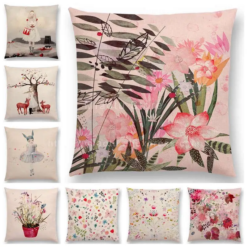 

Newest Little Girl Cushion Cover Floral Pattern Dreamy Garden Fantasy Night Butterfly Deer Sofa Pillow Case For Girls