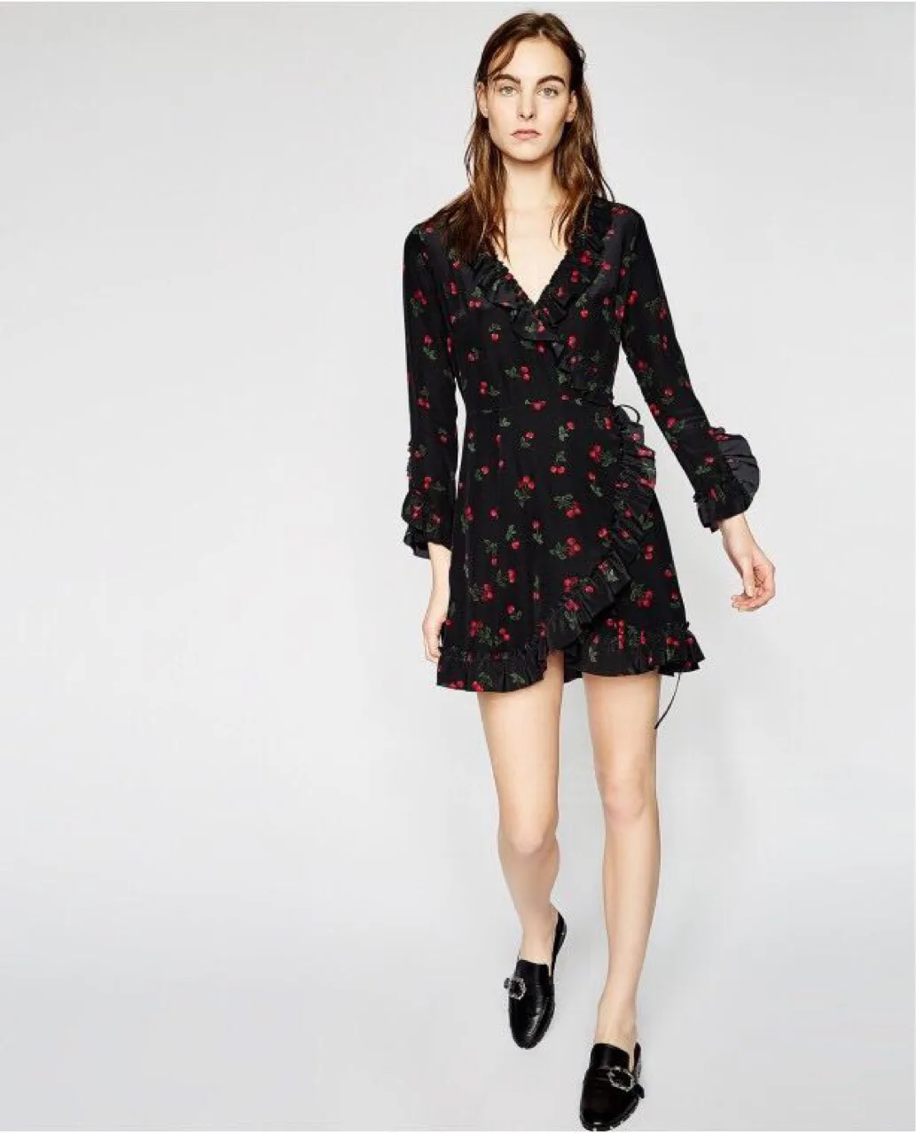 

Women Dress 2019 Spring and Summer One-piece Wrap Romantic Ruffle Cherry Print Silk Long-sleeved Dress