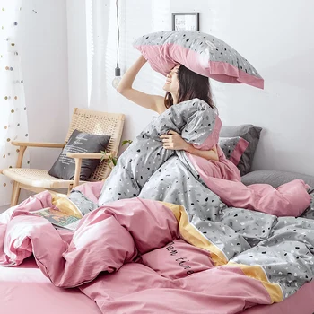 

3 4pcs Nordic Style Pure Cotton 133*72 Bed Set Duvet Cover Flat Fitted Bed Sheet Pillowcases Purple Twin Queen King