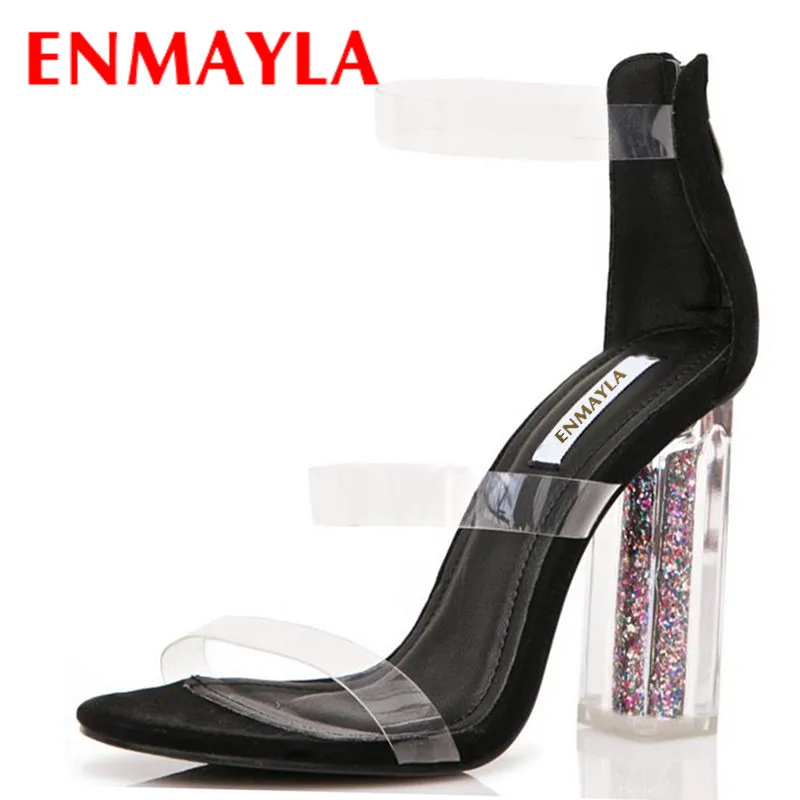 

ENMAYLA Transparent Shoes Woman High Heels Open Toe Gladiator Sandals Shoes Zipper Ankle Strap Plus Size 34-47 Crystal Heel Shoe
