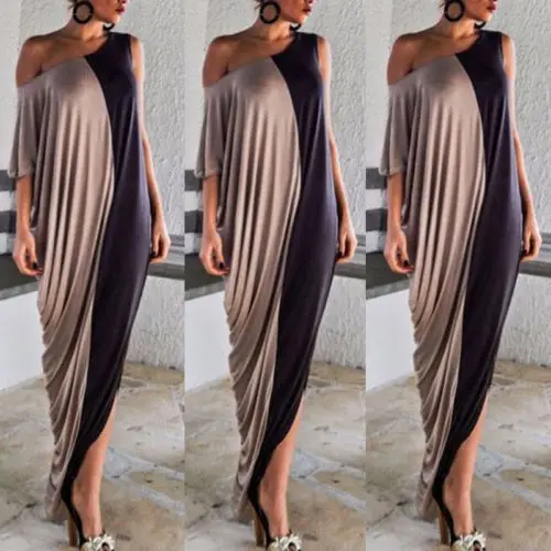 

2017 Women Winter Casual Boho Long Maxi Evening Party Dress Beach Split Skew Neck Patchwork Khaki Black Floor Length Sundress