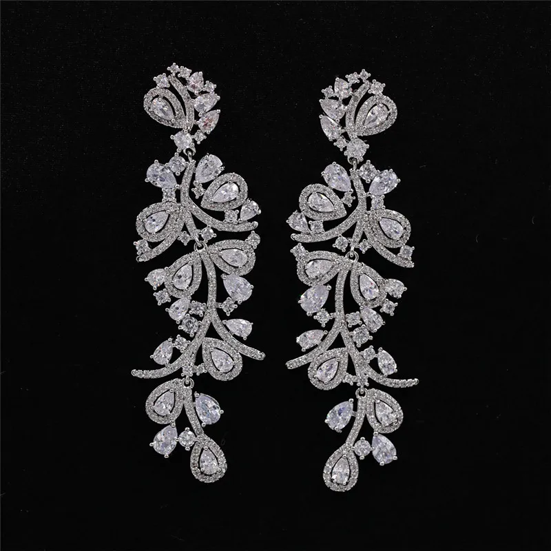 

AOTEMAN Fashion Korean CZ Leaf Wedding Jewelry Marquise AAA Cubic Zirconia Long Drop Bridal Earrings For Elegant Women