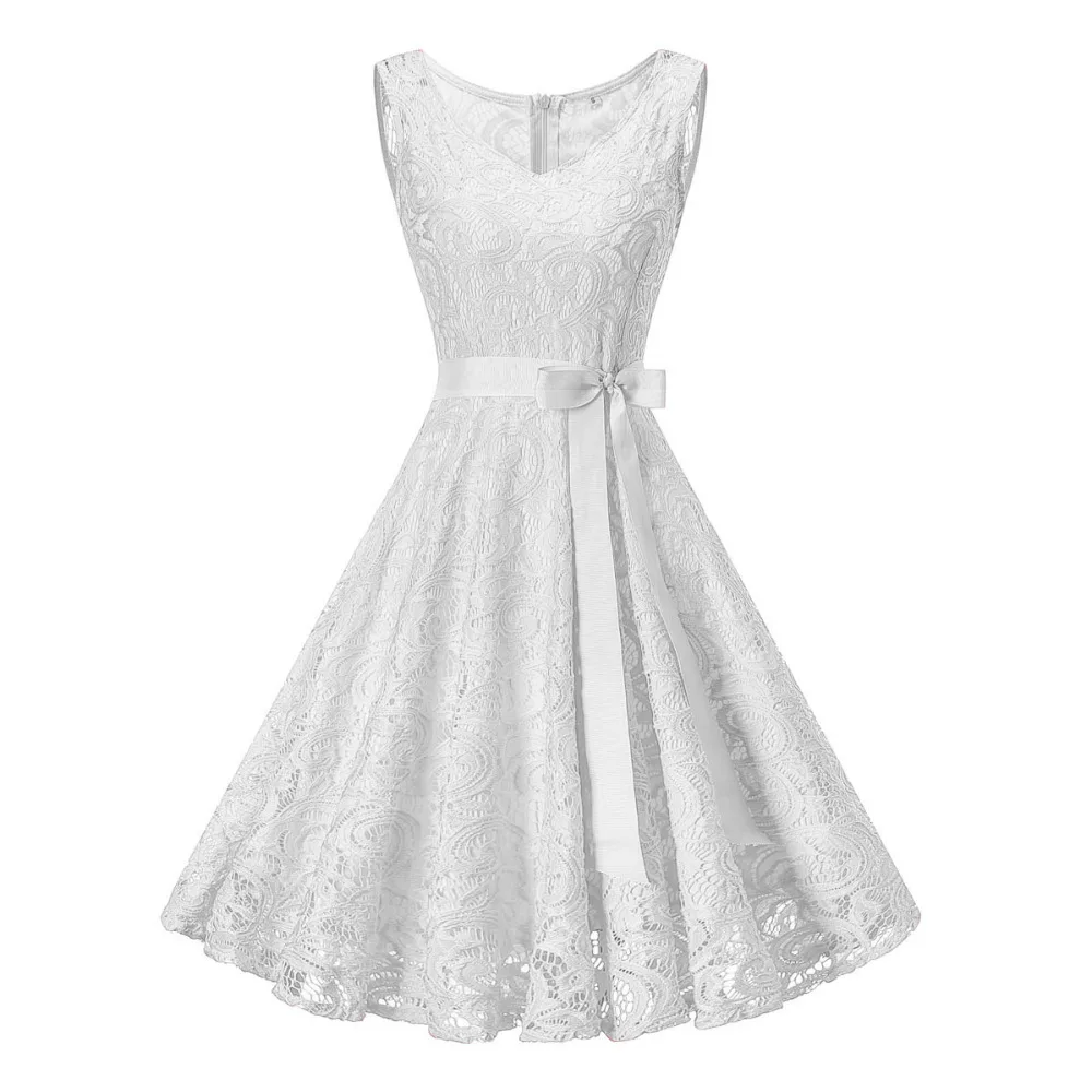 

Vintage White Floral Lace Tunic Dress Women Sleeveless V-Neck Elegant Party Sexy Dresses Retro 50s Summer Robe Big Swing Dress