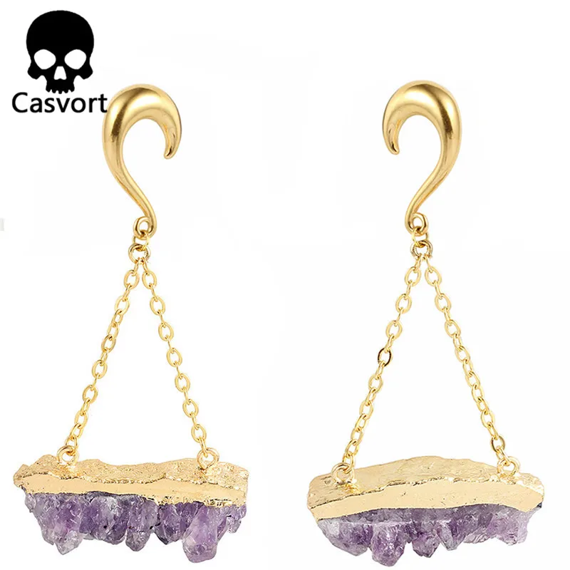 

Casvort unique irregular natural stone ear plugs tunnel stainless steel gold ear weight hook piercing ear weight hangers 2 PCS