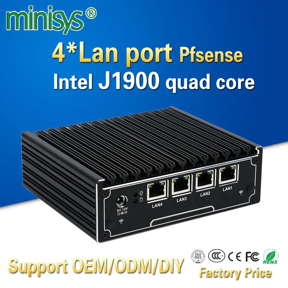 Minisys 4 Ethernet RJ-45 Lan порты мини ПК Intel Celeron J1900 четырехъядерный 2,0 ГГц pfsense брандмауэр маршрутизатор Поддержка 2,5 ''HDD/SSD