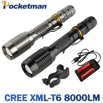 

8000LM led xml- T6 Zoom Flashlight Torch Zoomable Bike Lamp Light Lampe Torches Lantern + 18650 Battery + Charger +Bike clip