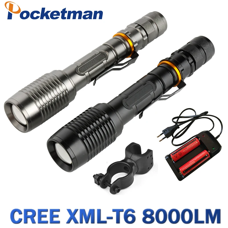 8000LM led xml- T6 Zoom Flashlight Torch Zoomable Bike Lamp Light Lampe Torches Lantern + 18650 Battery + Charger +Bike clip