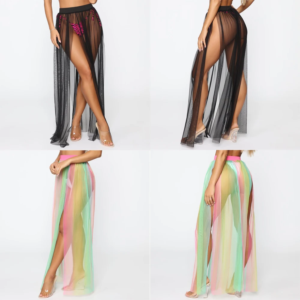 swim suit cover New Style Women Swimwear Bikini Cover Up Sheer Beach Skirt Sarong Pareo Beachwear Solid See Through High Waist Fashion Hot 2019 bathing suit and cover up set