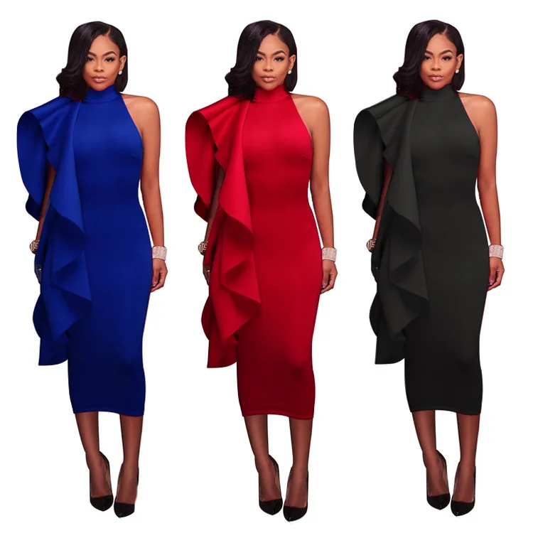 

Solid Color Ladies Ruffled Midi Dress One-shoulder High-neck Tight-fitting Fashion Dress Club Evening Party Evening Dress