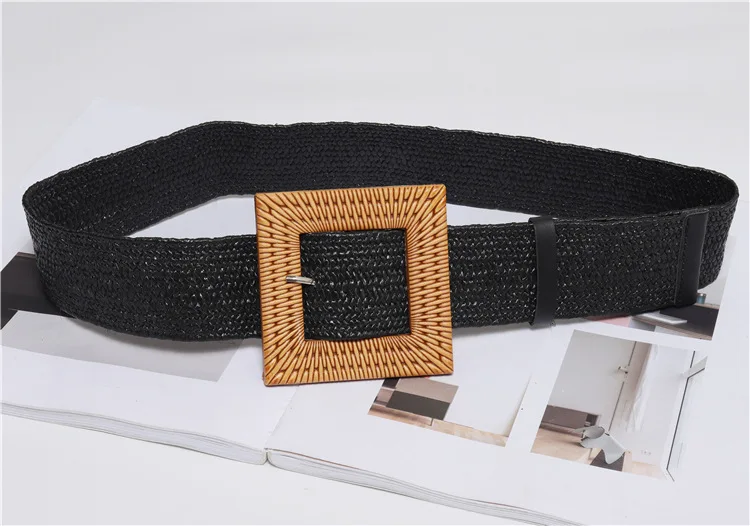 Brand New Fashion Sexy Women Round Elastic Belts Casual Girl Square Wooden Buckle Straw Belt Braided Woven Waistband Hot Sale - Цвет: pure black