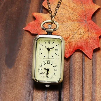 

Antique Rectangle Dial Quartz Pocket Watch Double Time Display Fob Clock With Necklace Chain Bag Men Women Gift P11