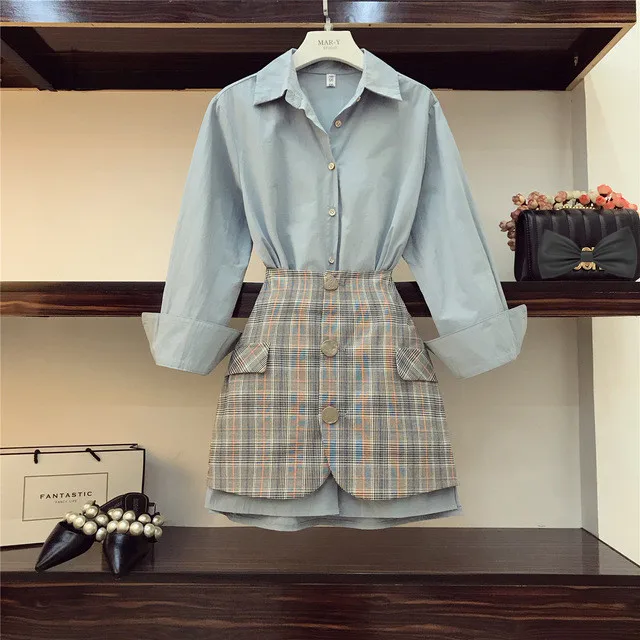 

2019 Spring Women's Lapel Long Sleeve Long Shirt + High Waist Package Hip Plaid Skirt Two-piece Ladies OL Mini Skirts Set A363