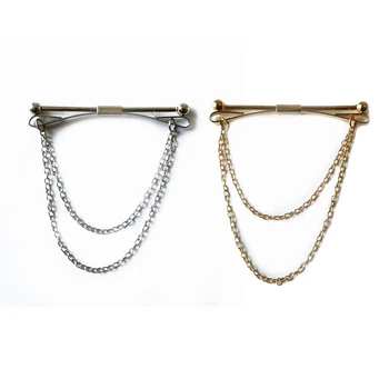 

2pcs Mens Collar Pin Collar Bar with Chain (Golden+Silver)