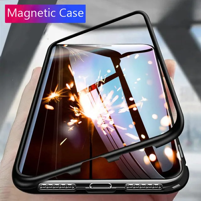 

Magnetic Case for iPhone XR XS MAX X 8 8 7 6 Plus 7 6 + Metal Tempered Glass Back Magnet Case Cover for iPhone 7 6 6S Plus Case