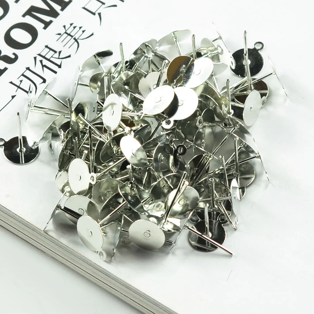 100Pcs Fashion 10x12mm Flat Pad Earring Post Ear Stud Post DIY Beads Holder Pearl Base Jewelry Findings Craft Making Accessories