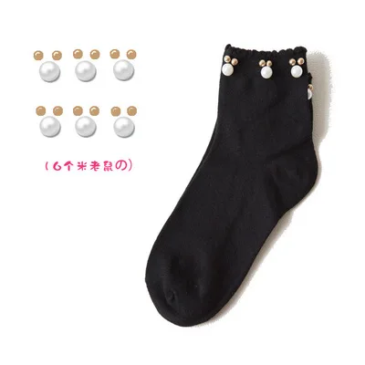 Black/White Korean Reto Pearl Socks Women Elastic Cotton Handmade Meias Creative Socks Harajuku Calcetines Mujer knee socks Women's Socks