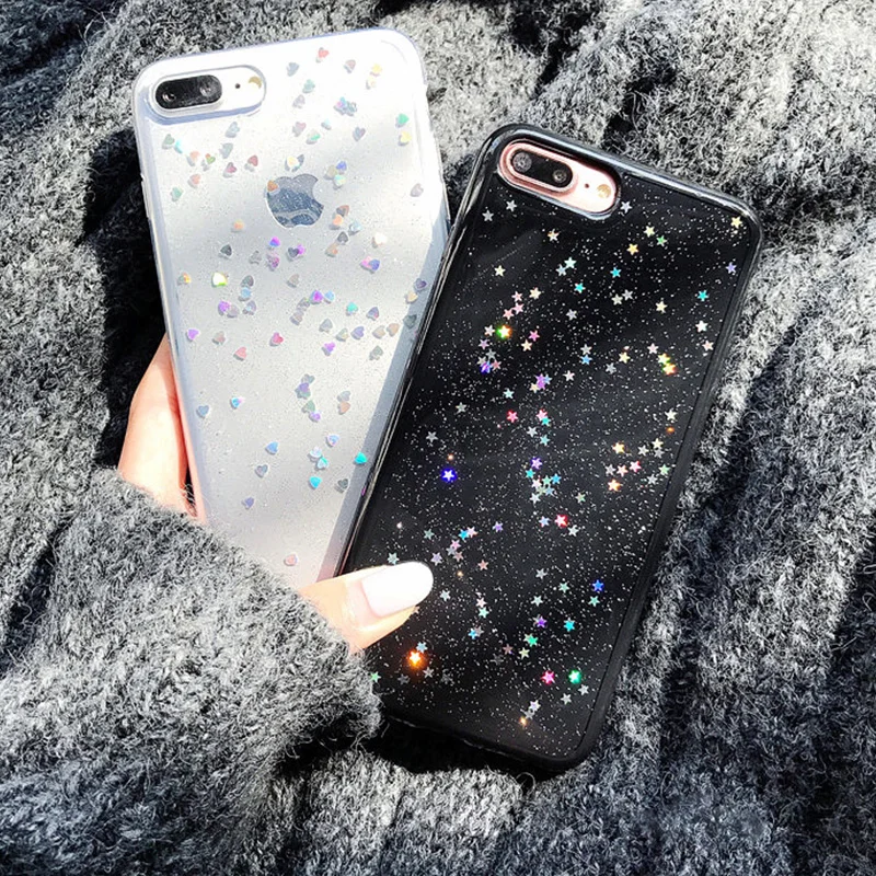 

For iPhone X XR XS Max Soft TPU Transparent Bling Heart Shockproof Phone Case For iPhone 7 8 6 s 6 S Plus cute glitter star