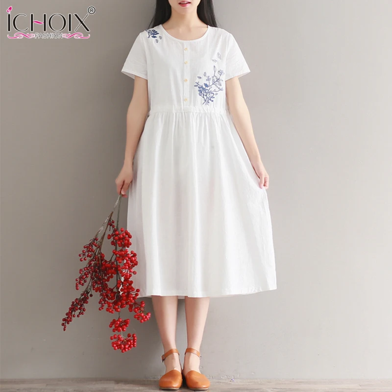 2019 Short Sleeve Maxi Dress Summer Embroidery Woman Dress Cotton and ...