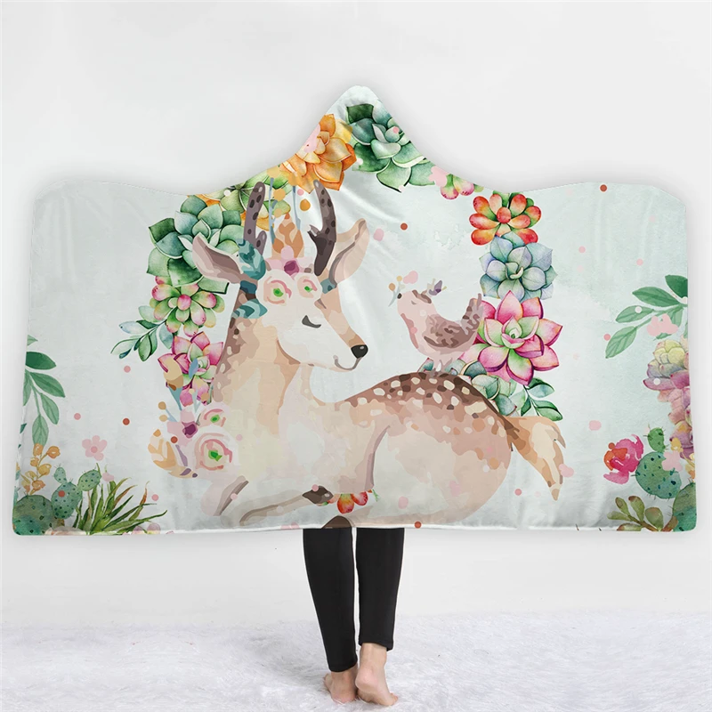 

3d Deer Printed Cute Microfiber Hooded Blanket for Adults Sherpa Fleece Mandala Flower Wearable Throw Blanket Hippie Bedding