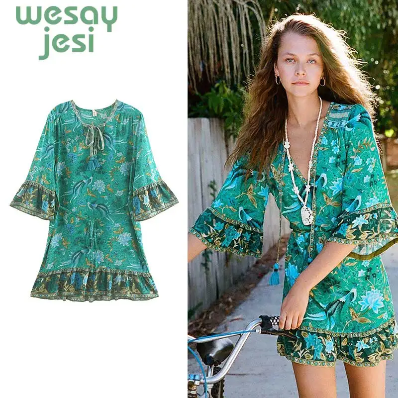 

Dress Women Elegant Vintage floral print Dress Stylish Sexy V-Neck 2019 Casual sweet Beach Summer Sundress vestidos