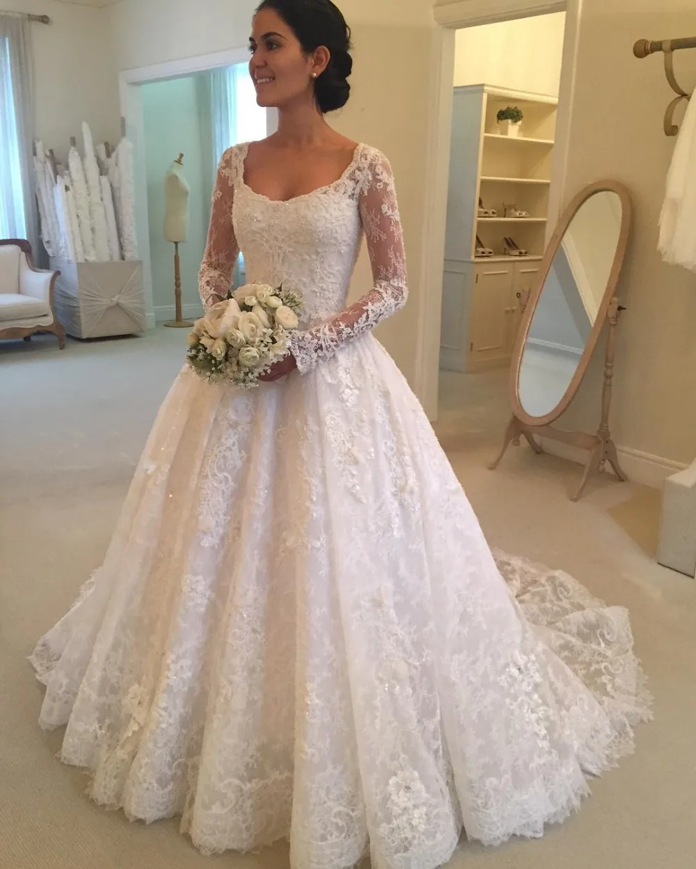 Лидер продаж, элегантное белое кружевное свадебное платье трапециевидной формы, 2019 прозрачное свадебное платье с длинными рукавами