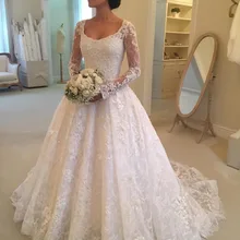 Элегантное белое кружевное свадебное платье трапециевидной формы,, прозрачное свадебное платье с длинным рукавом, платье невесты, Vestido de noiva