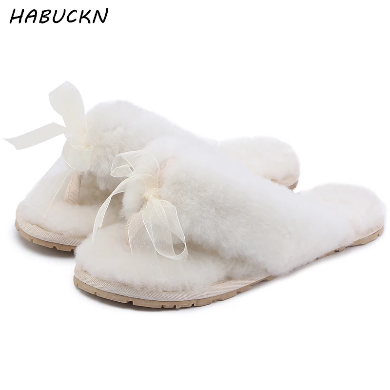 

HABUCKN Natural Sheepskin Home Slippers Fashion Winter Women Indoor Fur Slippers Warm Wool Flip Flops Slipper Lady Home Shoes