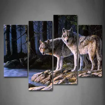 

Two Wolf Stand On River Bank Forest Wall Art Painting Wolves Pictures Print On Canvas Animal The Picture For Home Modern Decor