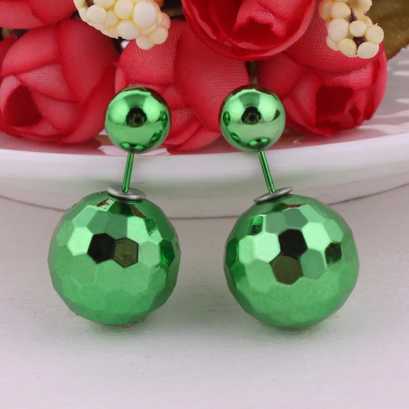 7 цветов,, классические серьги с двойными шариками, массивные ювелирные изделия, сверкающие двухсторонние жемчужные серьги-гвоздики для женщин, ювелирные изделия - Окраска металла: Green