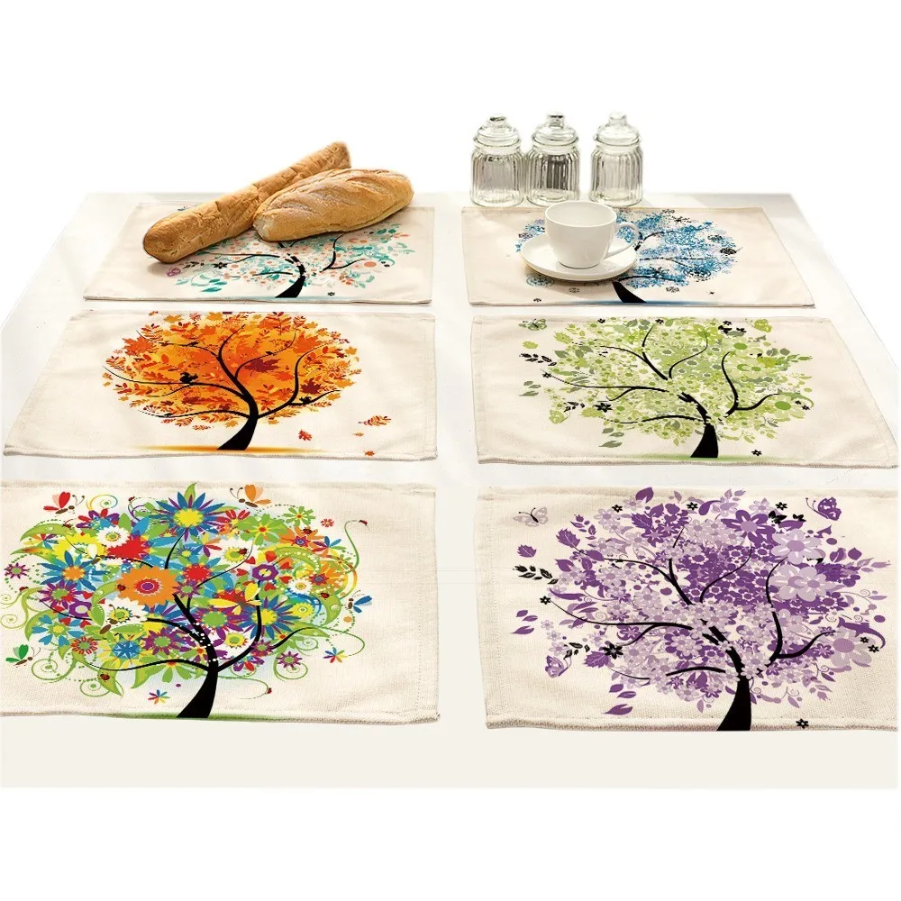 

Tree Print Fabric Coasters Plants Placemat Dining Table Mats Home Decoration Accessories Tablecloth Waterproof Linen Floral