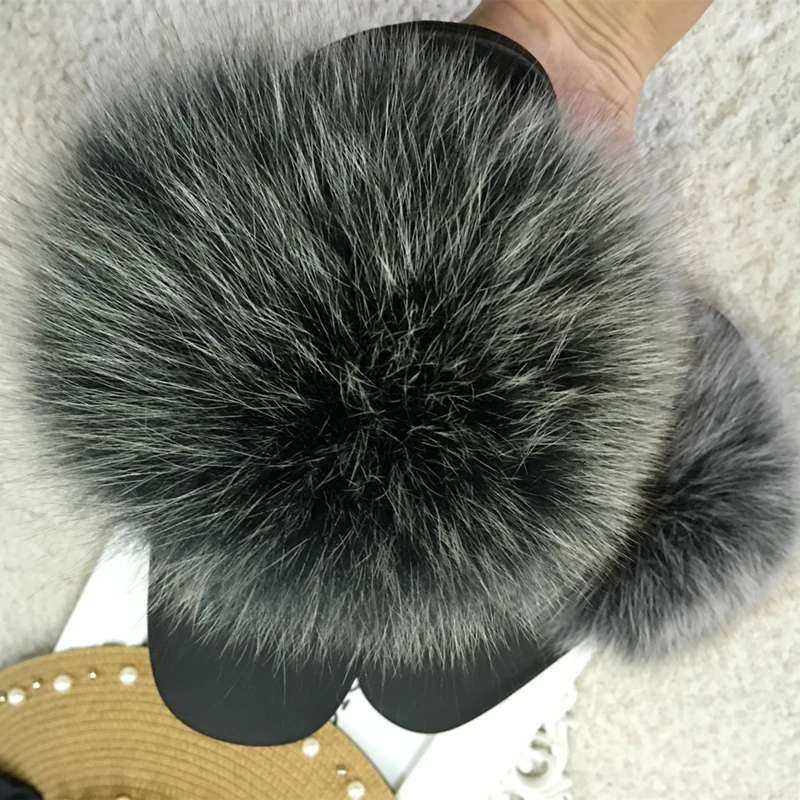 

Real Fur Slippers Women Fox Home Fluffy Sliders Comfort With Feathers Furry Summer Flats Sweet Ladies Shoes Large Size 45 Home