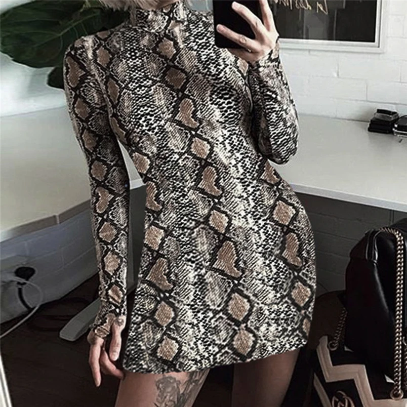 Snake Skin Print long Sleeve Dress 2018 Autumn Spring Women Sexy Party Mini Bodycon Snakeskin Turtleneck Short dresses F#N09 (5)