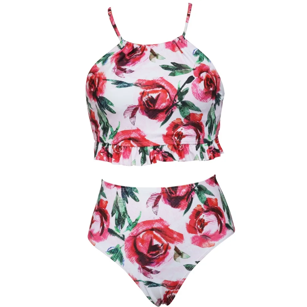 Parent-child Vintage Printed High Waist and High leg cut Off Shoulder Halter Removable Push up Padded Bikini Top 5