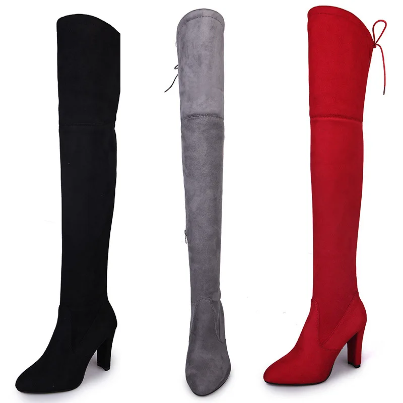 Женские сапоги выше колена; коллекция года; зимние сапоги до колена; теплые женские сапоги на высоком каблуке; модные сапоги до бедра на молнии с острым носком