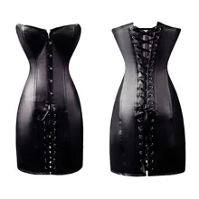 Black Long Corset Dress Steampunk Faux Leather Corset Sexy Gothic Women Lace Up Boned Leather Dress Overbust Corset Clubwear lace up slimming faux leather corset top