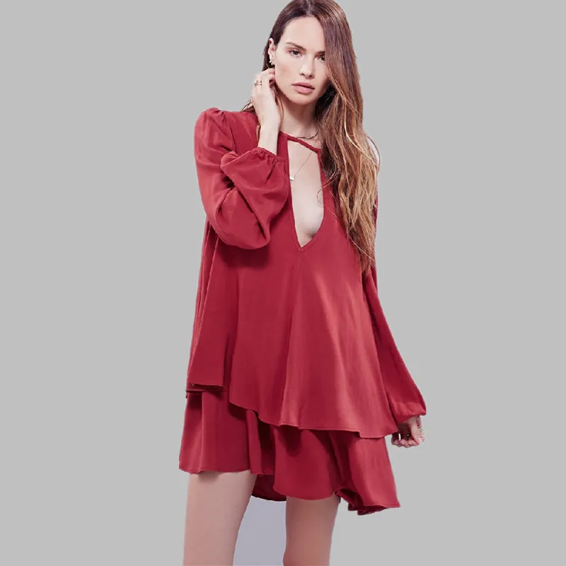 

Large size women's sexy v-neck lantern sleeve dress red black and white dress.Loose dress ress