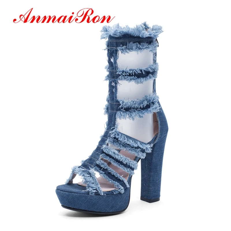 

ANMAIRON Denim Gladiator Women Sandals Black Blue Open Toe Heels Womens Sandals Sexy Fashion Platform Shoes Size 34-43 LY1580
