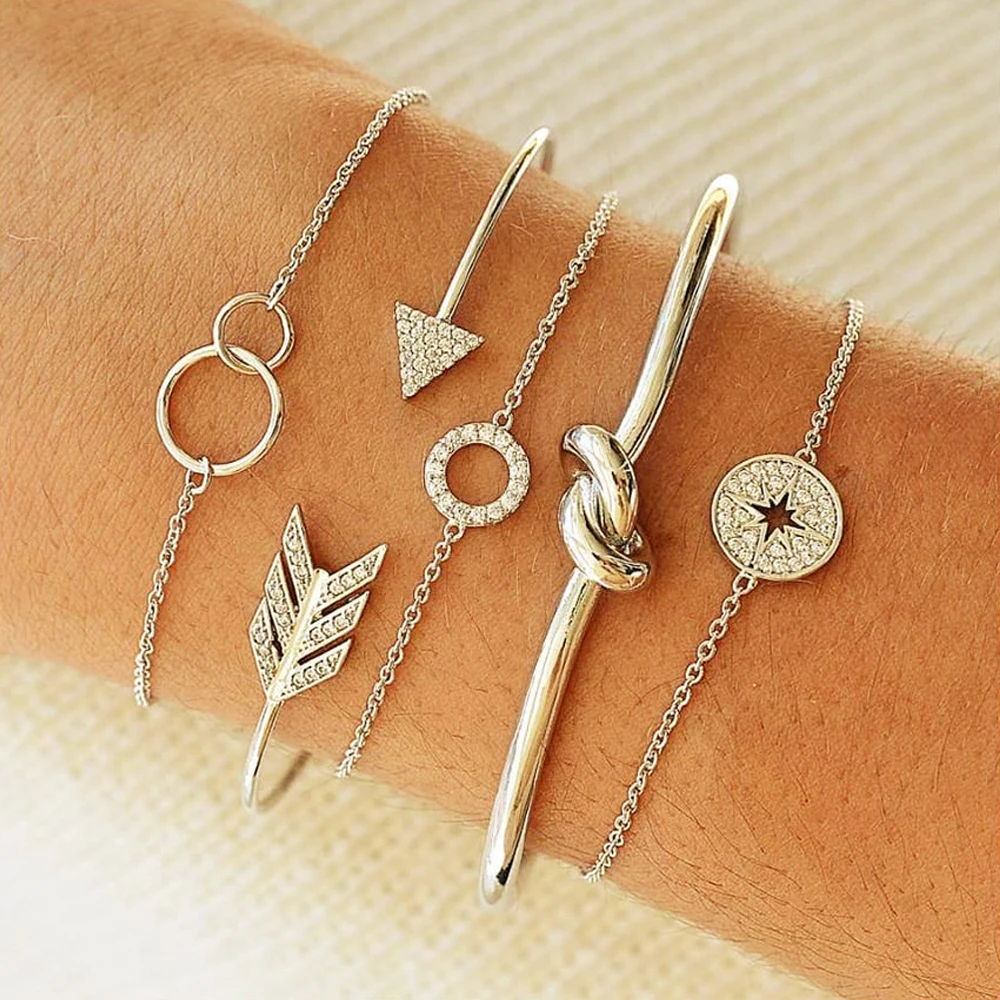 

5 Pcs/set Boho Retro Geometric Arrow Crystal Circle Stars Gold Silver Chain Bracelet Set Women Party Jewelry Gift Accessorie