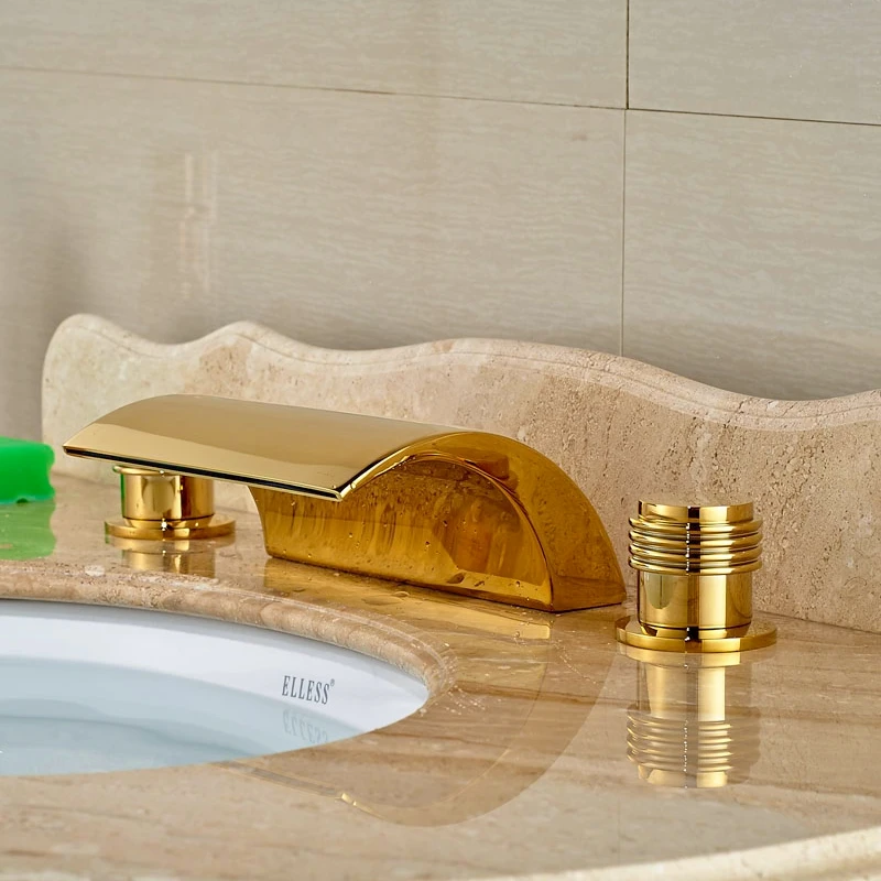 Deck Mounted Golden Polish Bath Sink Faucet Vessel Sink ...