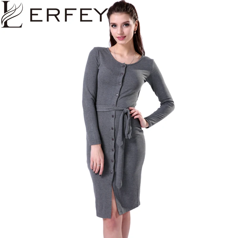 

LERFEY Women Autumn Dress Sexy Black Bodycon Knee Length Button Sashes Dresses Sheath Gray Office Pencil Dress Women Clothing