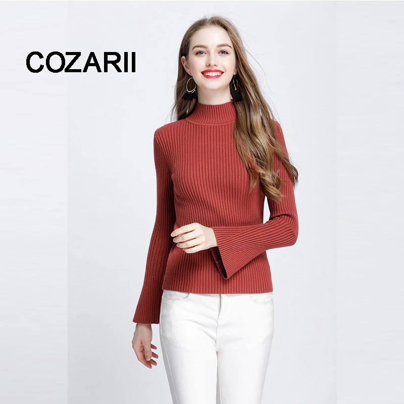 

COZARII 2018 Pullovers Women Sweater plus size Basic Cotton Ribbed Tops Long Bell Sleeve Female 100kg Turtleneck